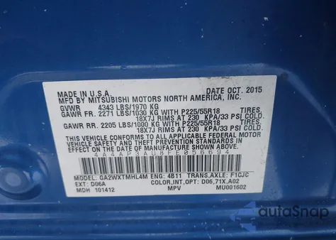 2015 Mitsubishi Outlander Sport Es из США, поврежденный, VIN 4A4AP3AU8FE056694